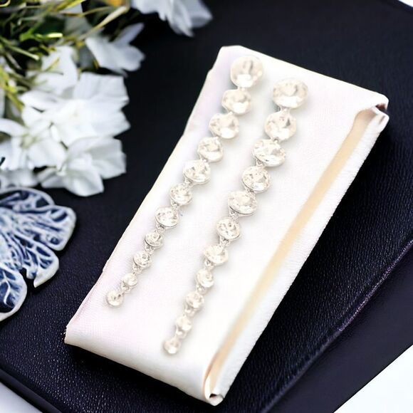 Silver Long Round Rhinestone Tassel Dangle Earrings NEW - Picture 2 of 4